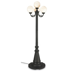 This gorgeous lamp post features black texture powder coated aluminum construction with a resin base that hold 40lbs of sand. Four 8" durable white acrylic lantern globes, two level dimming switch and 9ft. weatherproof cord and plug.  Perfect for sidewalk pathways, wedding venues, parks and street lighting.