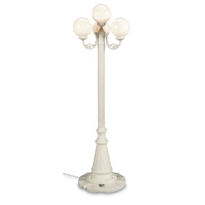 This gorgeous lamp post features white texture powder coated aluminum construction with a resin base that holds 40lbs of sand. Four 8" durable white acrylic lantern globes, two level dimming switch and 9 ft. weatherproof cord and plug. 