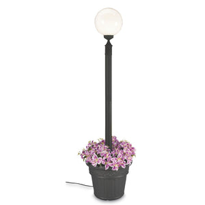 This gorgeous planter lamp post features black texture powder coated aluminum construction with a cast iron colored resin planter base. Durable white 12" acrylic lantern globe, two level dimming switch and 9ft. weatherproof cord and plug. 