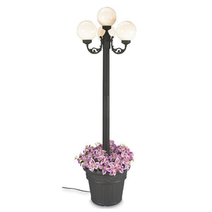 This gorgeous lamp post features black texture powder coated aluminum construction with a cast iron colored resin planter base. Four 8" durable white acrylic lantern globes, two level dimming switch and 9 ft. weatherproof cord and plug. 