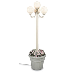 Stunning Planter Lamp Post. This gorgeous lamp post features white texture powder coated aluminum construction with a cast iron colored resin planter base. Four 8" durable white acrylic lantern globes, two level dimming switch and 9 ft. weatherproof cord and plug. 