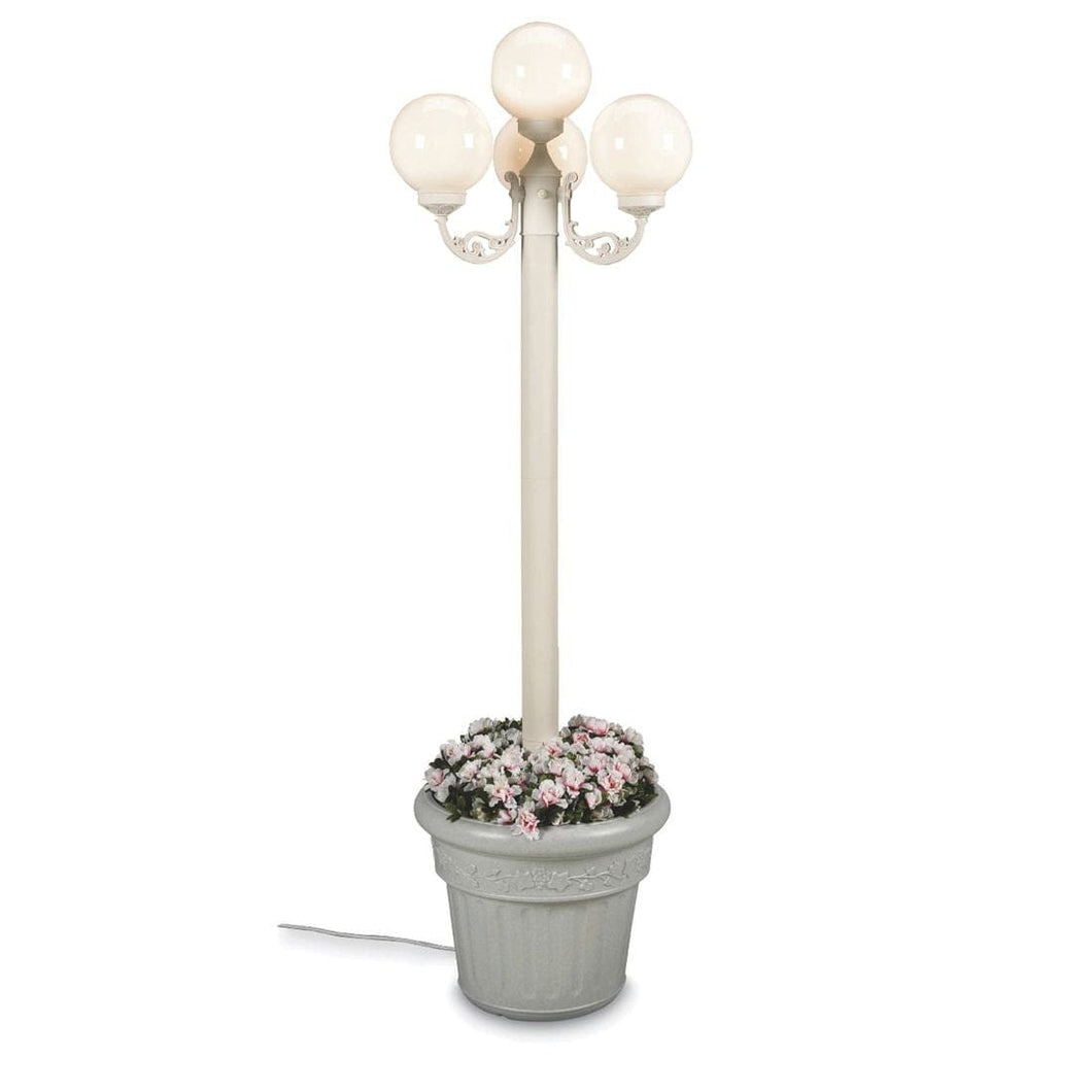 Stunning Planter Lamp Post. This gorgeous lamp post features white texture powder coated aluminum construction with a cast iron colored resin planter base. Four 8