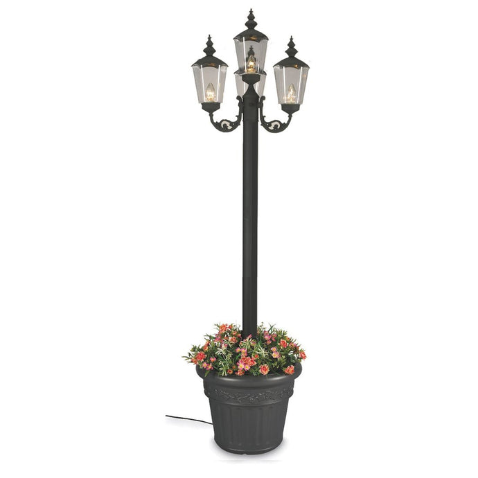 This gorgeous lamp post planter features black texture powder coated aluminum construction with a cast iron colored resin planter base. Durable acrylic lantern globes, two level dimming switch and 9 ft. weatherproof cord and plug.  Perfect for patios, decks, sidewalk pathways, wedding venues, parks and yard decor.