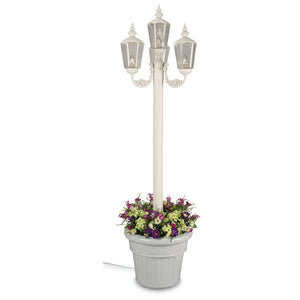 This gorgeous lamp post features white texture powder coated aluminum construction with a granite color resin planter base. Durable acrylic lantern globes, two level dimming switch and 9 ft. weatherproof cord and plug.   Perfect decor for patios, decks, sidewalk pathways, wedding venues, parks and yards.