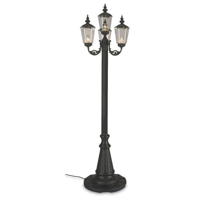 This gorgeous lamp post features black texture powder coated aluminum construction with a resin base that hold 40lbs of sand. Durable acrylic lantern globes, two level dimming switch and 9 ft weatherproof cord and plug.  Perfect for patios, decks, sidewalk pathways, wedding venues, parks and yard decor.