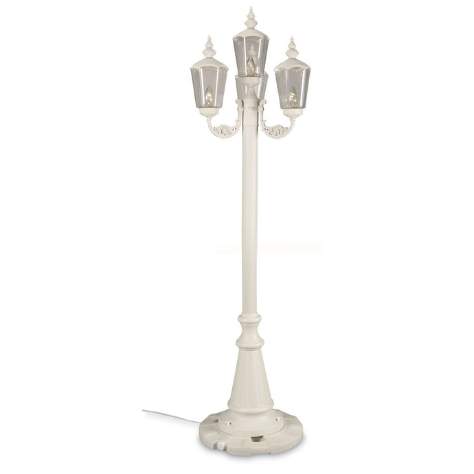 This gorgeous lamp post features white texture powder coated aluminum construction with a resin base that holds 40lbs of sand. Durable acrylic lantern globes, two level dimming switch and 9ft. weatherproof cord and plug.   Perfect lamp post for patios, decks, sidewalk paths, wedding venues, parks and yard decor.