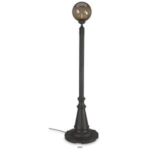 This lamp post features black texture powder coated aluminum construction with a resin base that holds 40 lbs of sand. Durable bronze, 12" acrylic lantern globe, two level dimming switch and 9 ft. weatherproof cord and plug. 