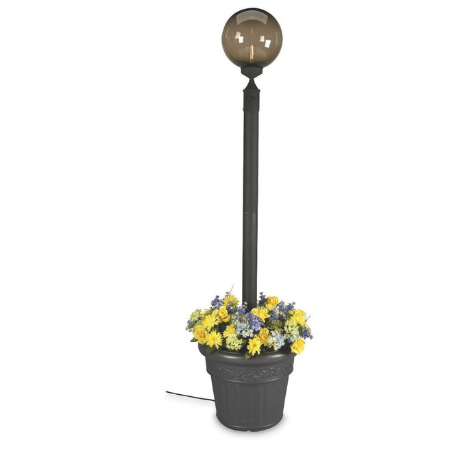 This gorgeous lamp post features black texture powder coated aluminum construction with a cast iron colored resin planter base. Durable bronze 12' acrylic lantern globe, two level dimming switch and 9 ft. weatherproof cord and plug.