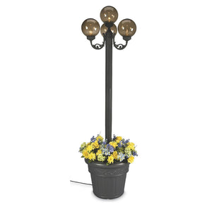 This lamp post features black texture powder coated aluminum construction with a cast iron colored resin planter base. Four 8" durable bronze acrylic lantern globes two level dimming switch and 9 ft. weatherproof cord and plug. 