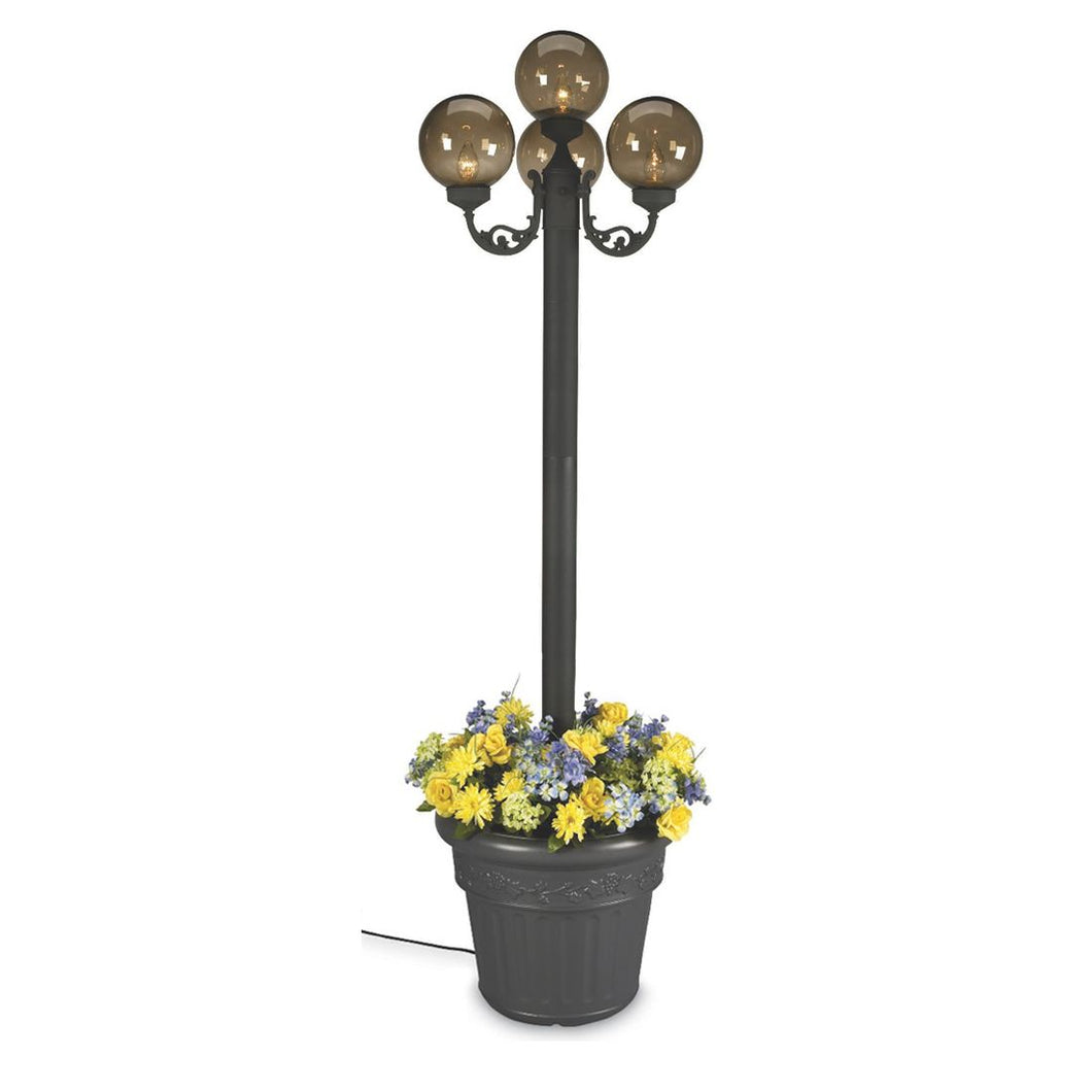 This lamp post features black texture powder coated aluminum construction with a cast iron colored resin planter base. Four 8