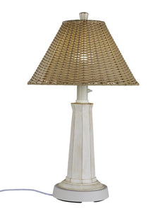 All weather hand-woven PVC wicker shade highlights this elegant all resin outdoor lamp. Bleached white wood finished resin base creates a nautical look. Includes a two level dimming switch and a 13ft. weatherproof cord and plug.