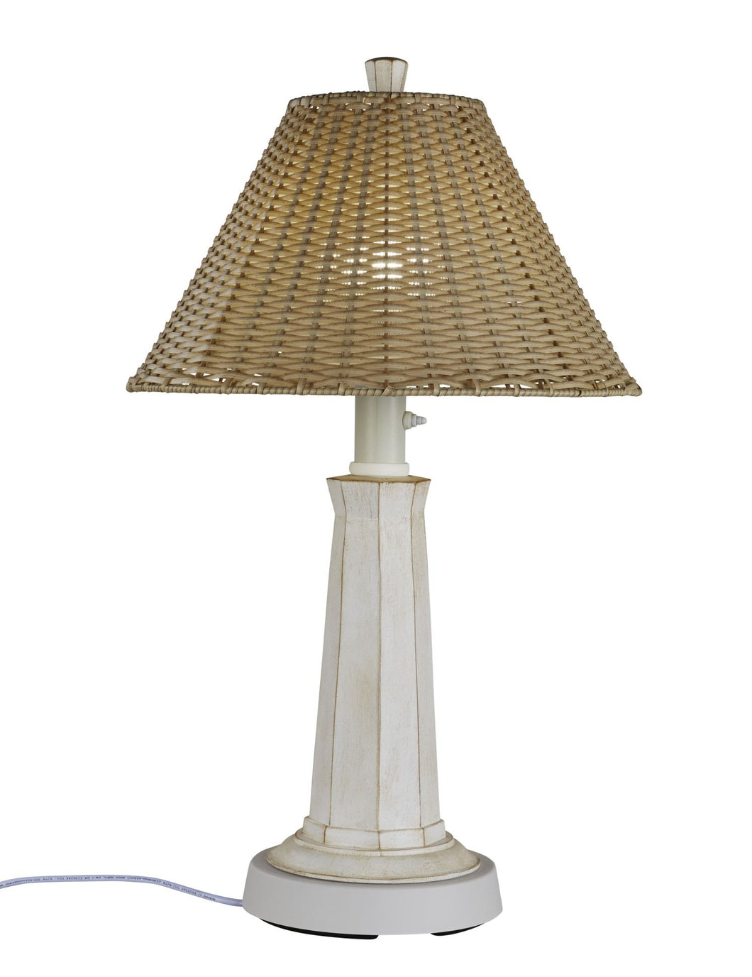 All weather hand-woven PVC wicker shade highlights this elegant all resin outdoor lamp. Bleached white wood finished resin base creates a nautical look. Includes a two level dimming switch and a 13ft. weatherproof cord and plug.