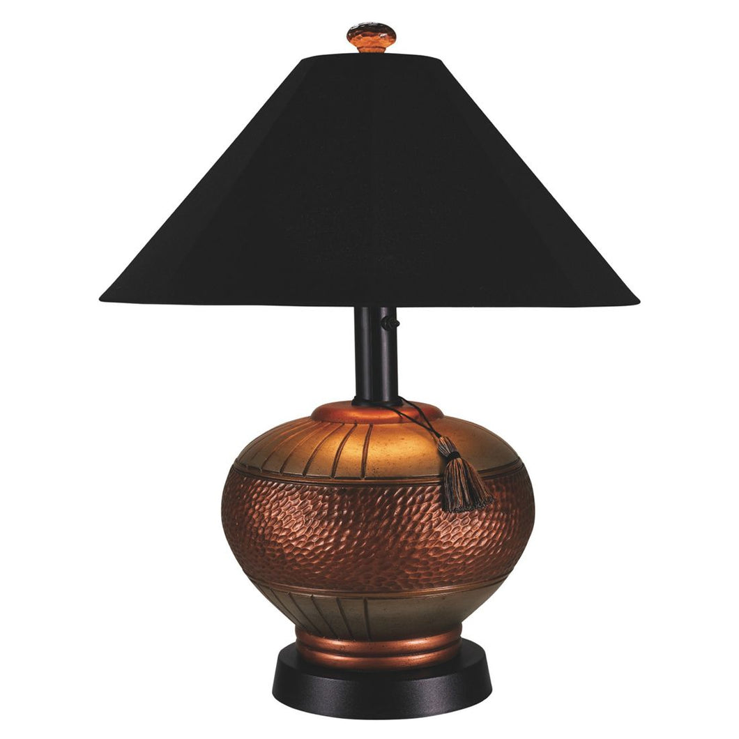 Add casual elegant styling to your outdoor living area with this beautiful patio table lamp. Features all resin construction with a heavy weighted coper and brushed silver base. Completely weatherproof with a black Sunbrella shade cover, two level dimming switch and a 13 ft. cord.