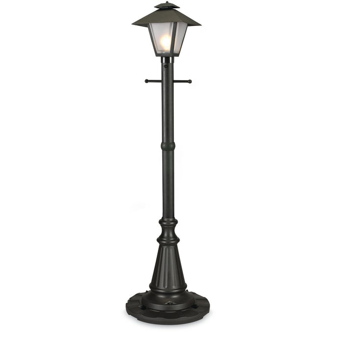 Design inspired by turn of the century gas flame lanterns. This electric waterproof lantern features frosted bevel panels and all black resin construction. Two level dimming switch and 9 ft. weatherproof cord and plug. 