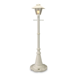 Design inspired by turn of the century gas flame lanterns. This electric waterproof lantern features frosted bevel panels and all white resin construction. Two level dimming switch and 9 ft. weatherproof cord and plug. 