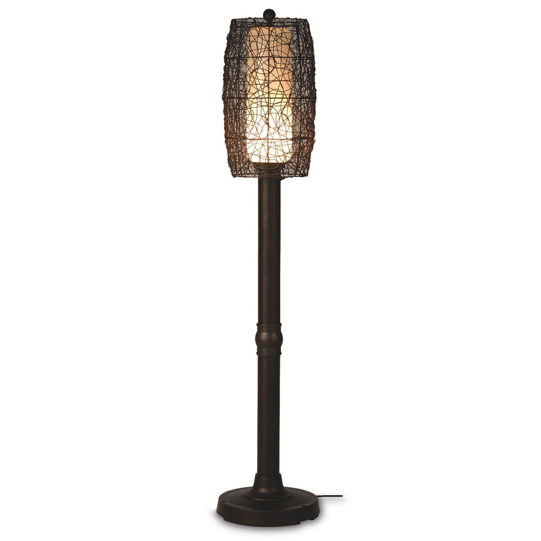 Hand woven random weave walnut PVC wicker barrel shade enclosing an opal cylinder of light highlights this carefree durable contemporary outdoor patio floor lamp. Features weatherproof all resin construction with heavy weighted base, two level dimming switch and 11ft. weatherproof cord and plug.