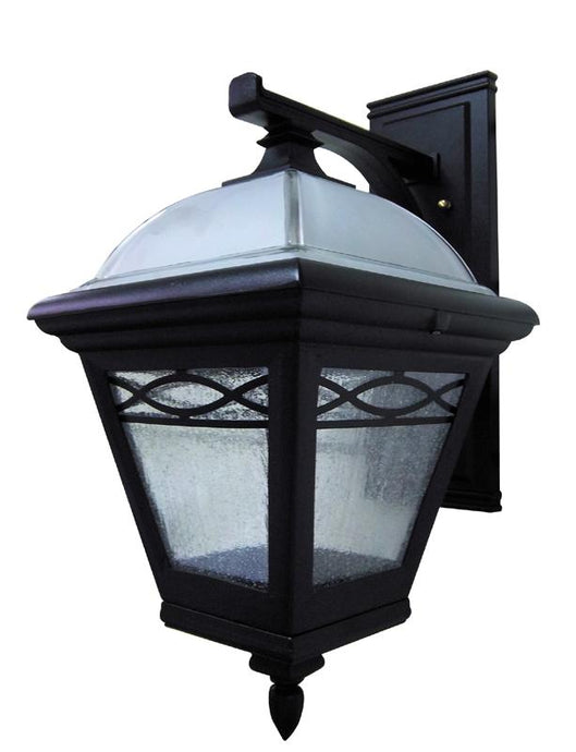 The Brentwood Lighting Family incorporates transitional style with its two-toned frosted glass lid and large backplate. These outdoor wall fixtures will provide an attractive addition to your home's exterior. Cast Aluminum black fixture with water glass.