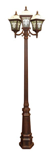 This decorative outdoor light lamp post fixture incorporates several different concepts to create an individual style. Each fixture has an Alabaster-like glass lid, stained glass panels and sculptured cast aluminum arms and cage. These cast aluminum fixtures emit a warm and attractive glow that provides ample light for any entrance, porch, deck or business front.