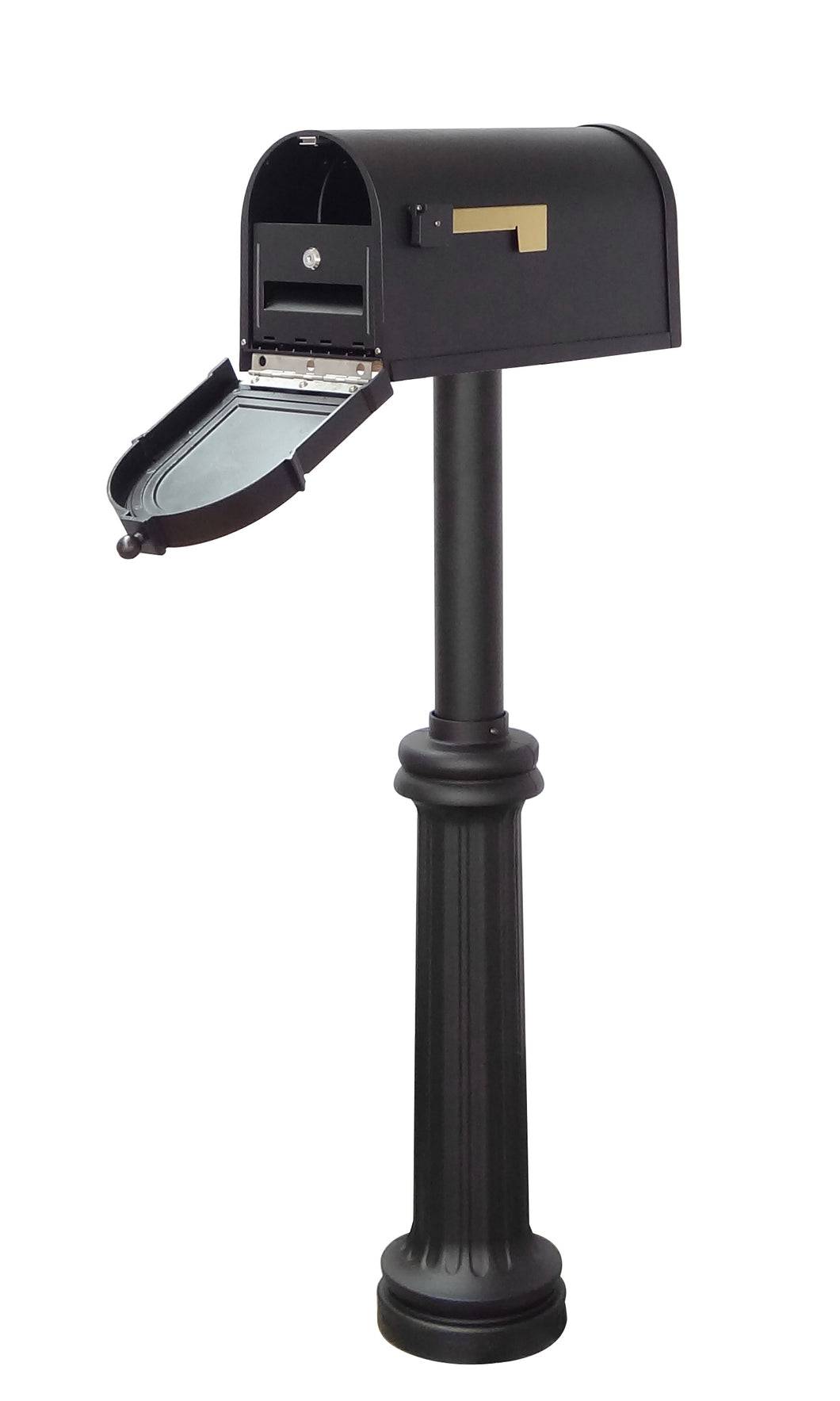 The Berkshire Curbside Mailbox presents an impressive face. The one piece cast aluminum door features deeply cut details with a rich, leather grain textured panel. The stainless steel spring hinge and magnetic catch will keep the door secure and the rust proof cast aluminum body construction creates a weather resistant mailbox. The mailbox is attached to a top mount bracket.