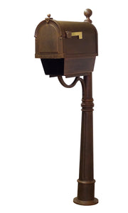 The Berkshire Curbside Mailbox presents an impressive face. The one piece cast aluminum door features deeply cut details with a rich, leather grain textured panel. The stainless steel spring hinge and magnetic catch will keep the door secure and the rust proof cast aluminum body construction creates a weather resistant mailbox. Newspaper tube is included.