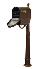 Load image into Gallery viewer, The Berkshire Curbside Mailbox presents an impressive face. The one piece cast aluminum door features deeply cut details with a rich, leather grain textured panel. The stainless steel spring hinge and magnetic catch will keep the door secure and the rust proof cast aluminum body construction creates a weather resistant mailbox. Newspaper tube is included.